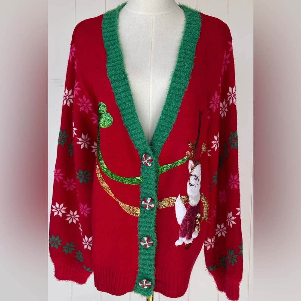 Festive Red and Green Women's Cardigan Sweater